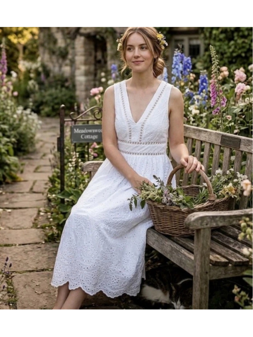 Women's Flying Tomato White Eyelet Midi Dress fully lined Size M